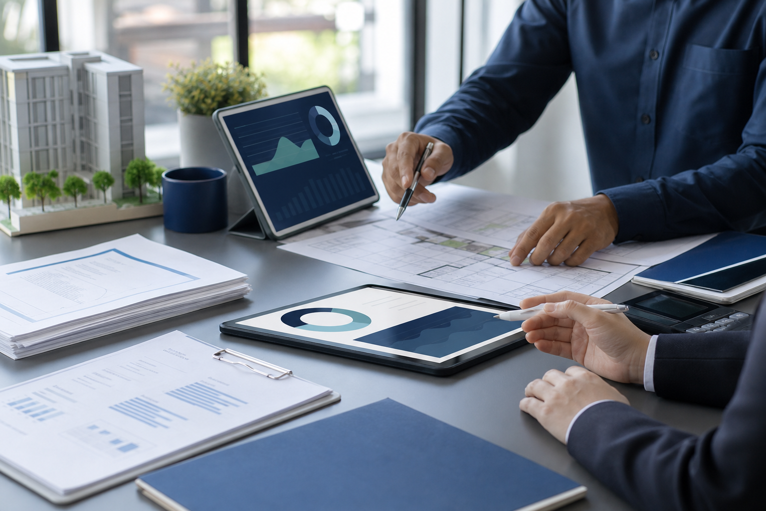 Property management workspace with building plans, tablets, invoices, and dashboards